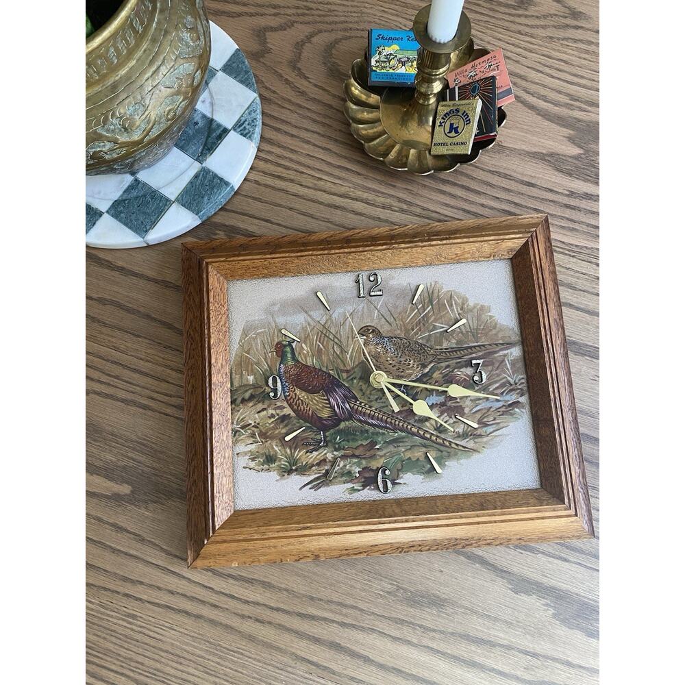 Vintage Midcentury Pheasant Art Pottery Tile Clock Oak Frame Battery Wall Clock